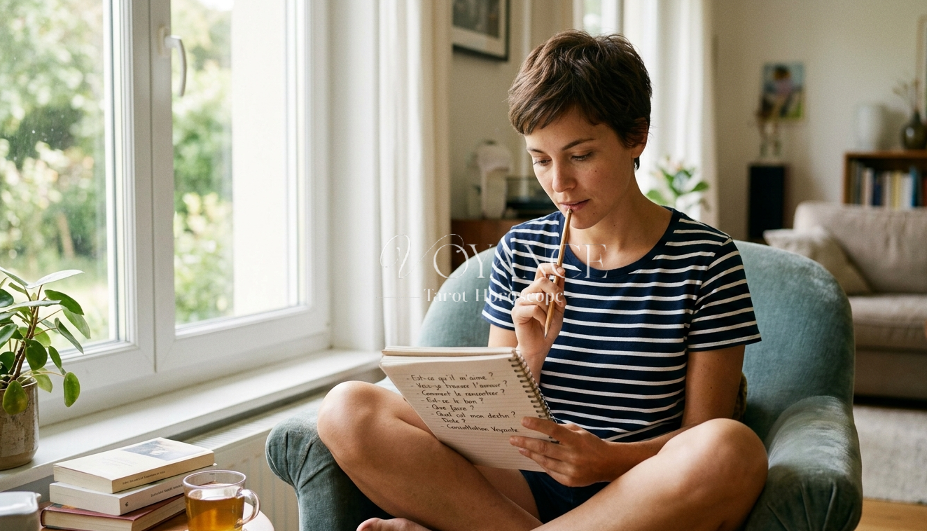 Quelles questions d'amour poser à une voyante ? 3 Femme préparant ses questions d'amour avant une consultation de voyance