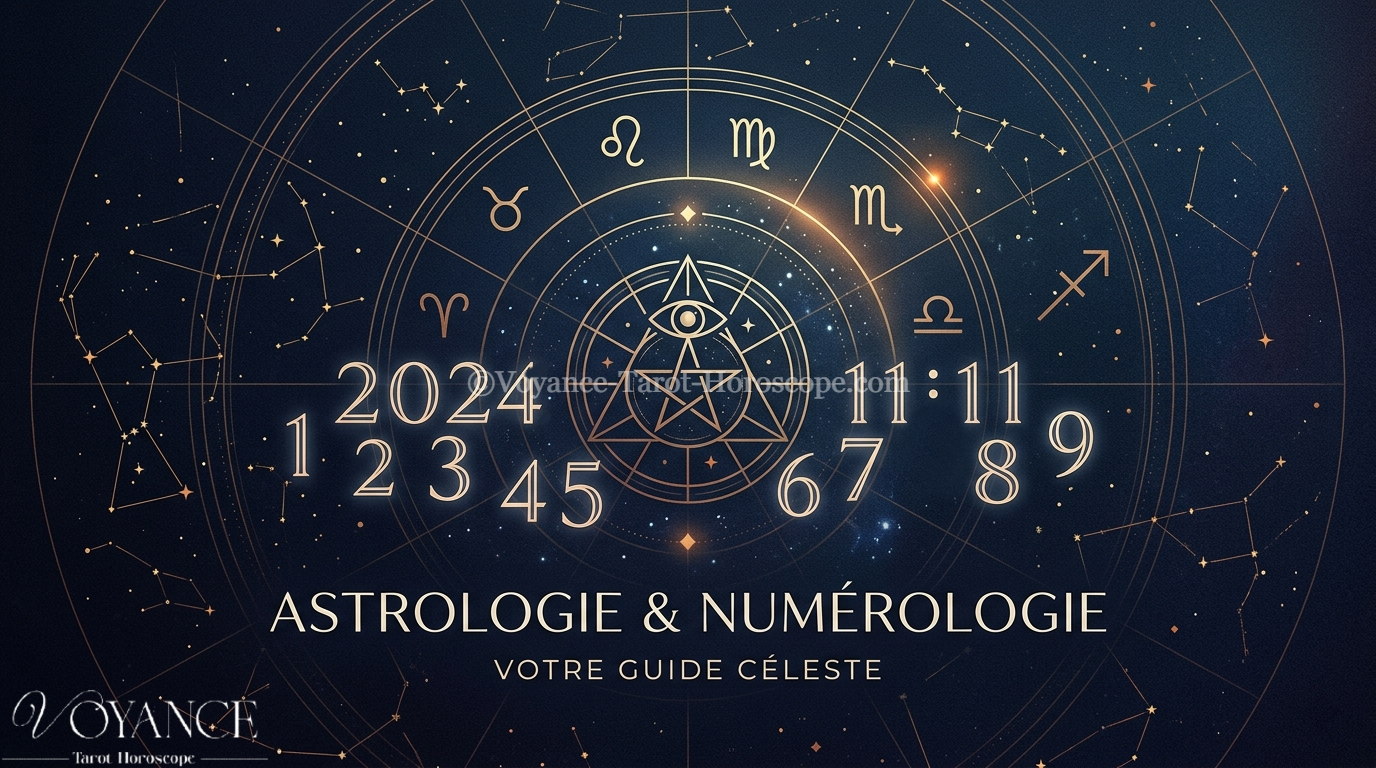 Symboles astrologiques et chiffres entrelacés sur fond doré