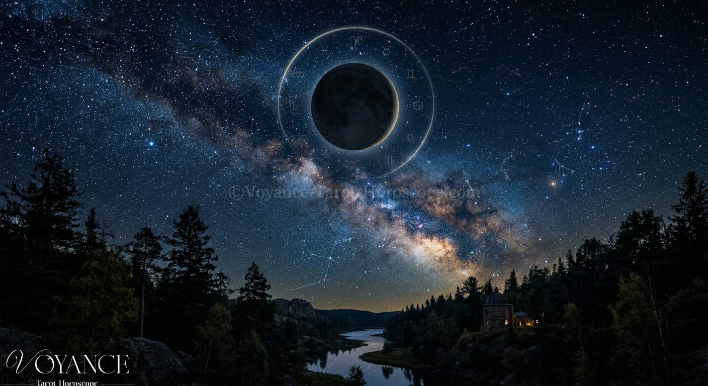 Horoscope nouvelle lune : intentions et rituels par signe 3 Ciel nocturne avec lune noire entourée d'étoiles, ambiance mystérieuse et veloutée