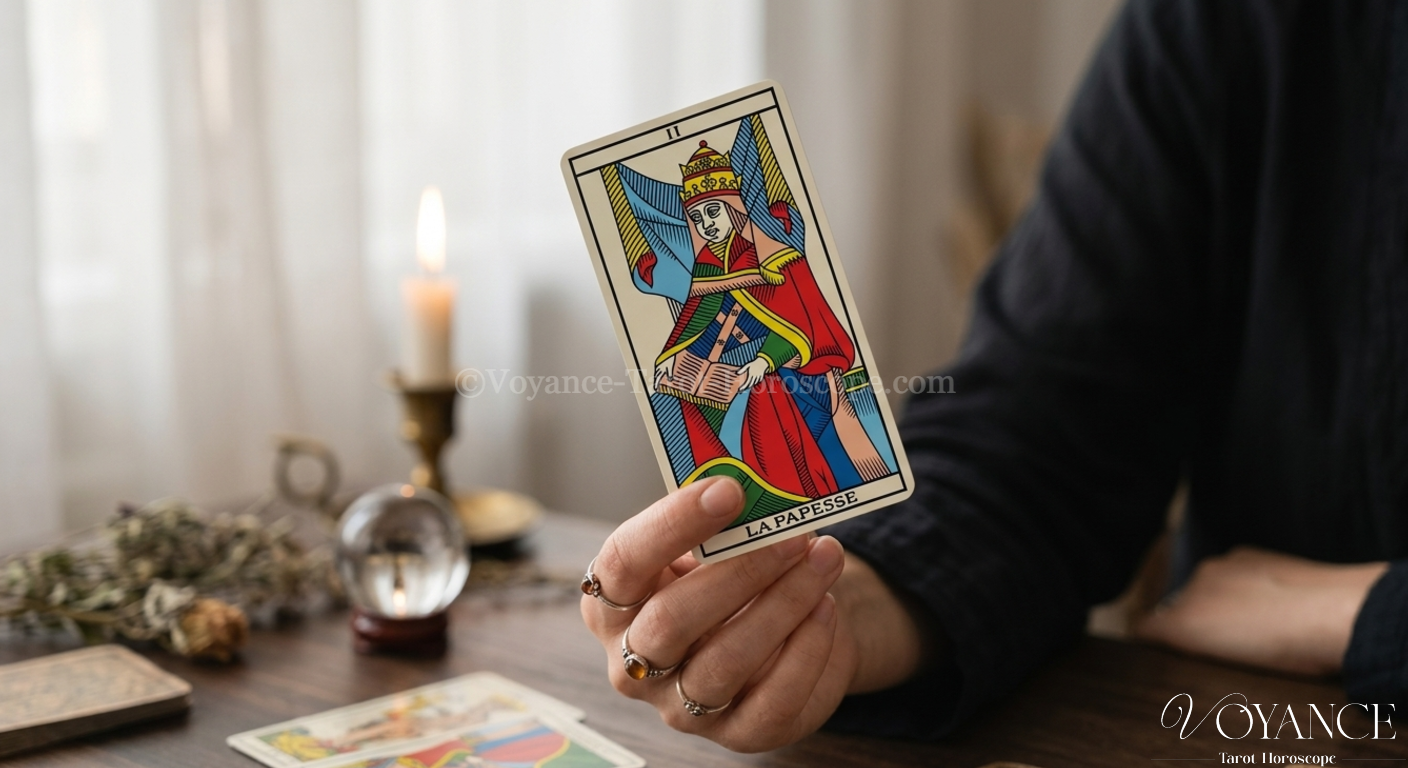 La Papesse au tarot : signification et interprétation complète 3 Illustration stylisée de la Papesse du tarot, livre et voile