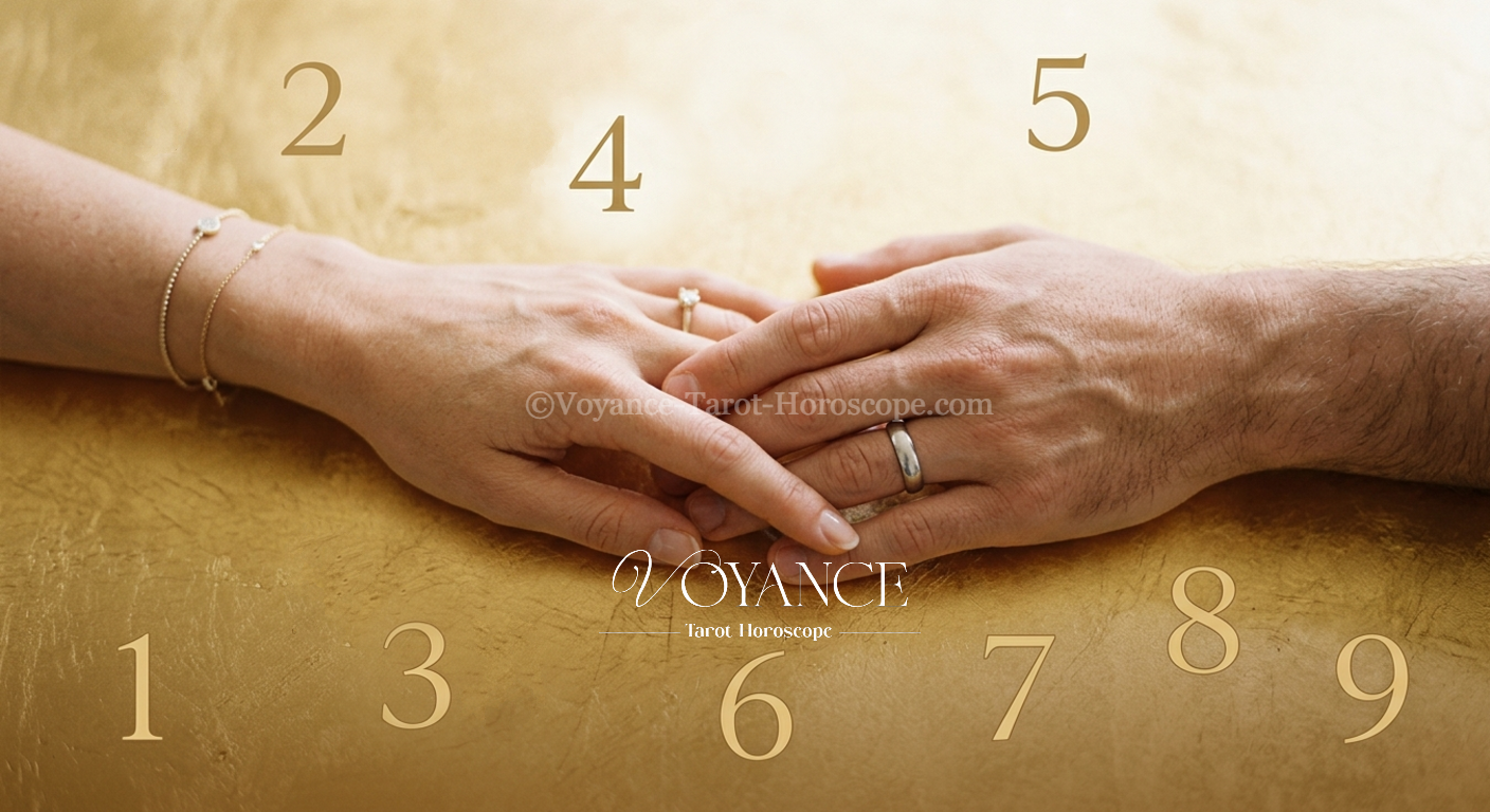 Numérologie et amour : quels chiffres sont compatibles ? 3 Deux mains avec des chiffres numérоlogiques en fond doré