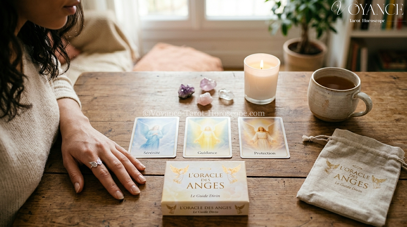 L'oracle des anges : significations des cartes et comment l'utiliser 3 Jeu de cartes oracle des anges posé sur velours avec lumière dorée