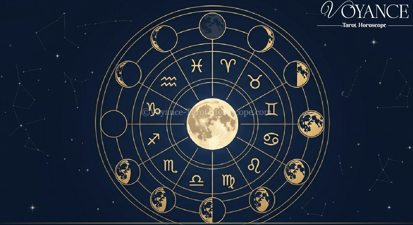 Roue du zodiaque avec les phases de lune en superposition dorée