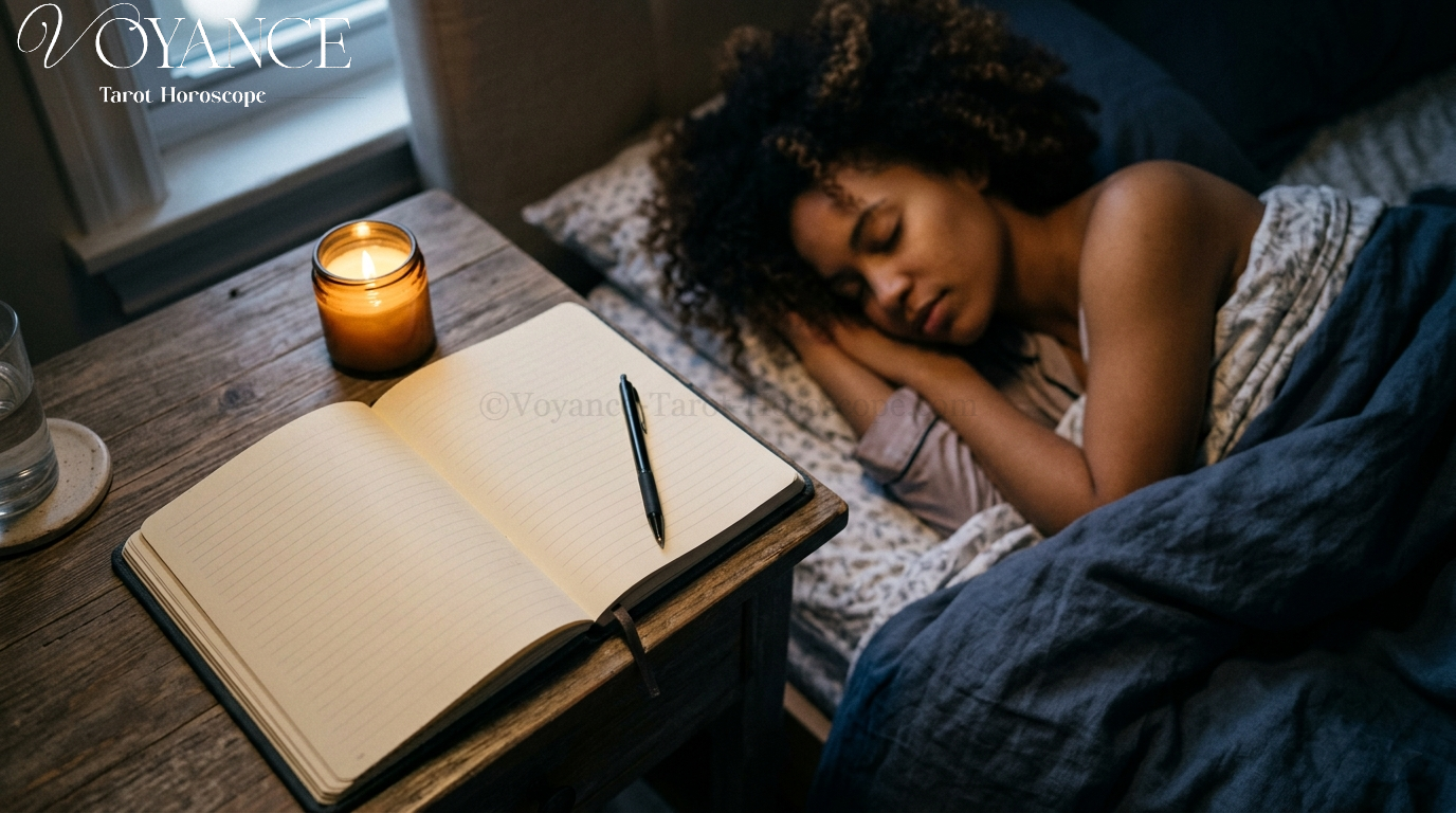 Carnet de rêves ouvert la nuit, lumière de bougie, stylo posé