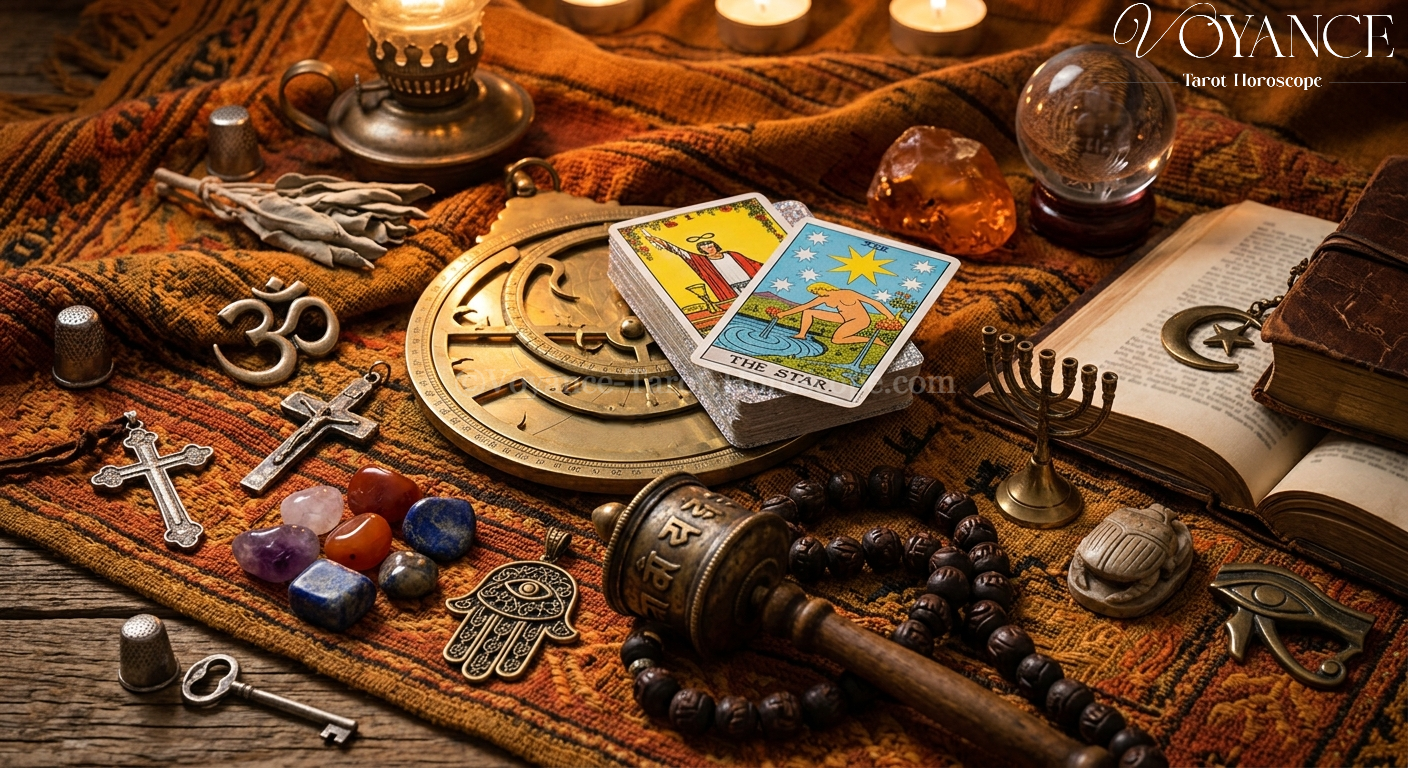 Voyance et religion : compatibles ou contradictoires ? 3 Symboles spirituels de différentes traditions sur fond chaud