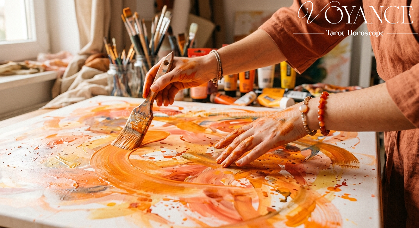 Blog de spiritualité 36 Chakra Sacré - libérer sa créativité et ses émotions - Mains qui peignent en mouvement, couleurs orangées et fluides