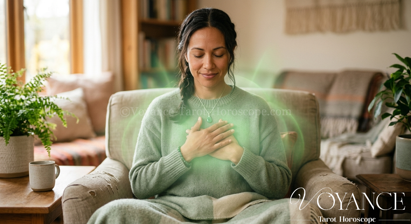 Main posée sur le cœur, lumière verte douce, geste d'apaisement