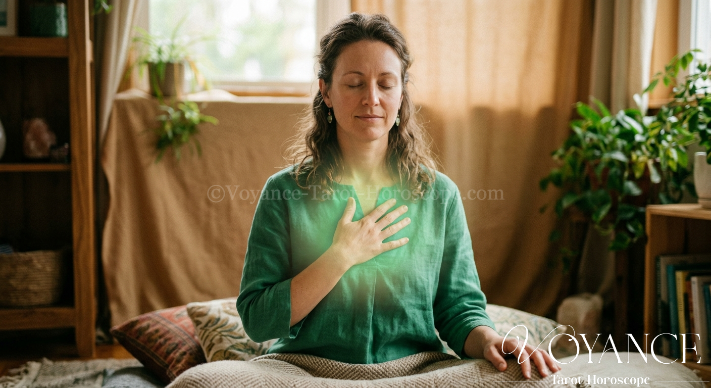 Blog de spiritualité 30 Chakra du Cœur, - guérir les blessures de trahison - Main posée sur le cœur, lumière verte douce, geste d'apaisement