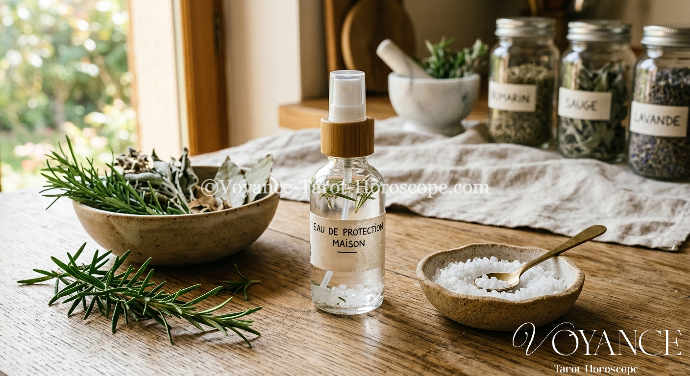 Blog de spiritualité 30 etit flacon vaporisateur en verre, brins de romarin et coupelle de sel