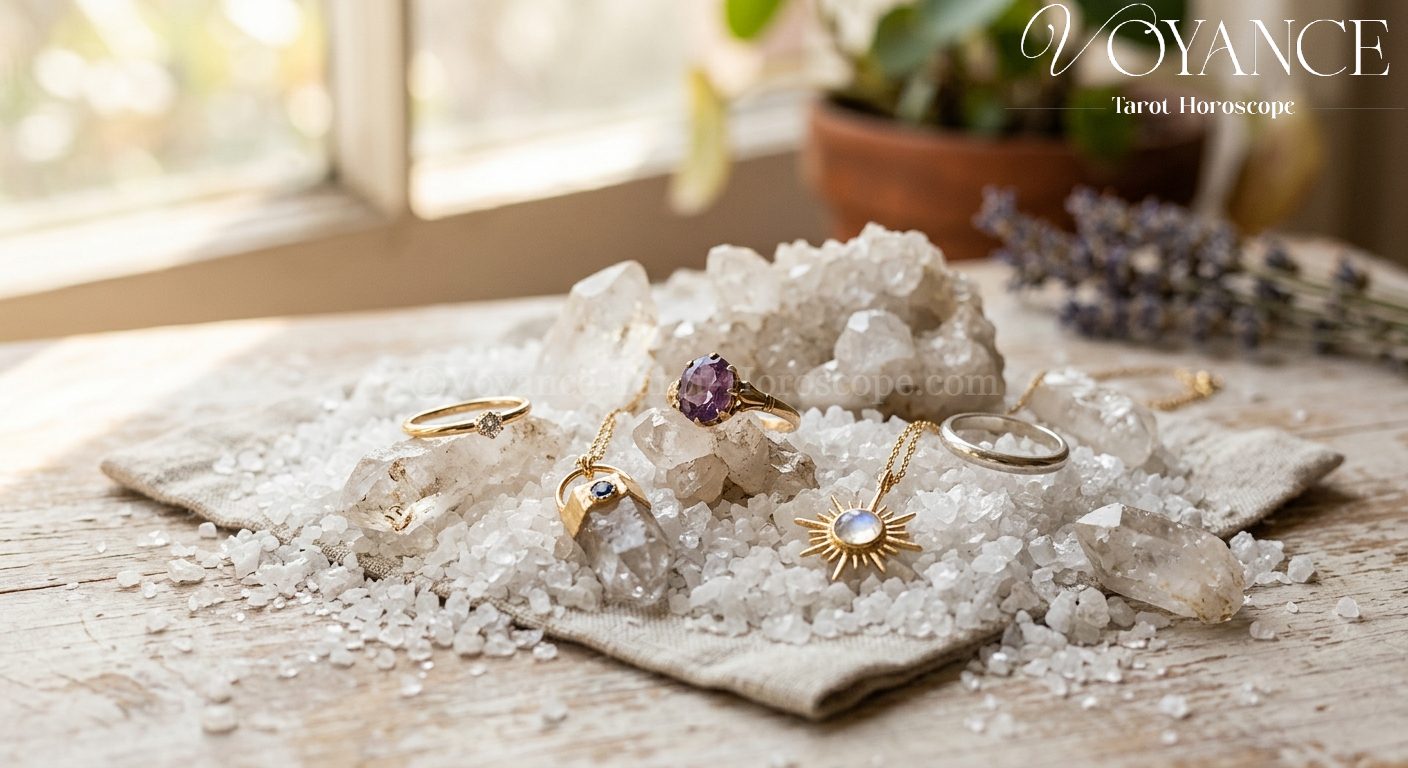 Blog de spiritualité 31 Bagues et pendentifs posés sur du gros sel et des quartz dans la lumière