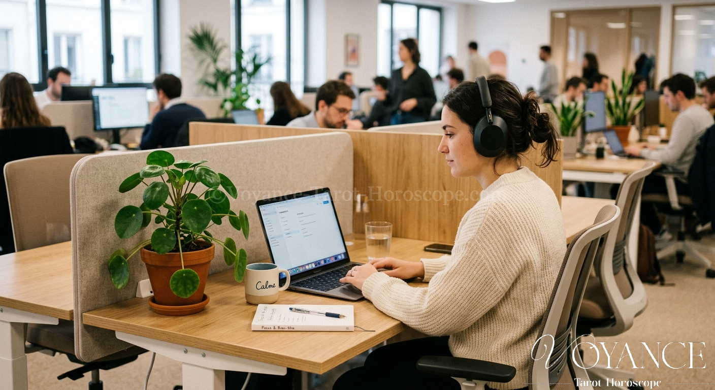 Blog de spiritualité 27 Bureau personnel apaisé dans un open-space, plante et casque audio