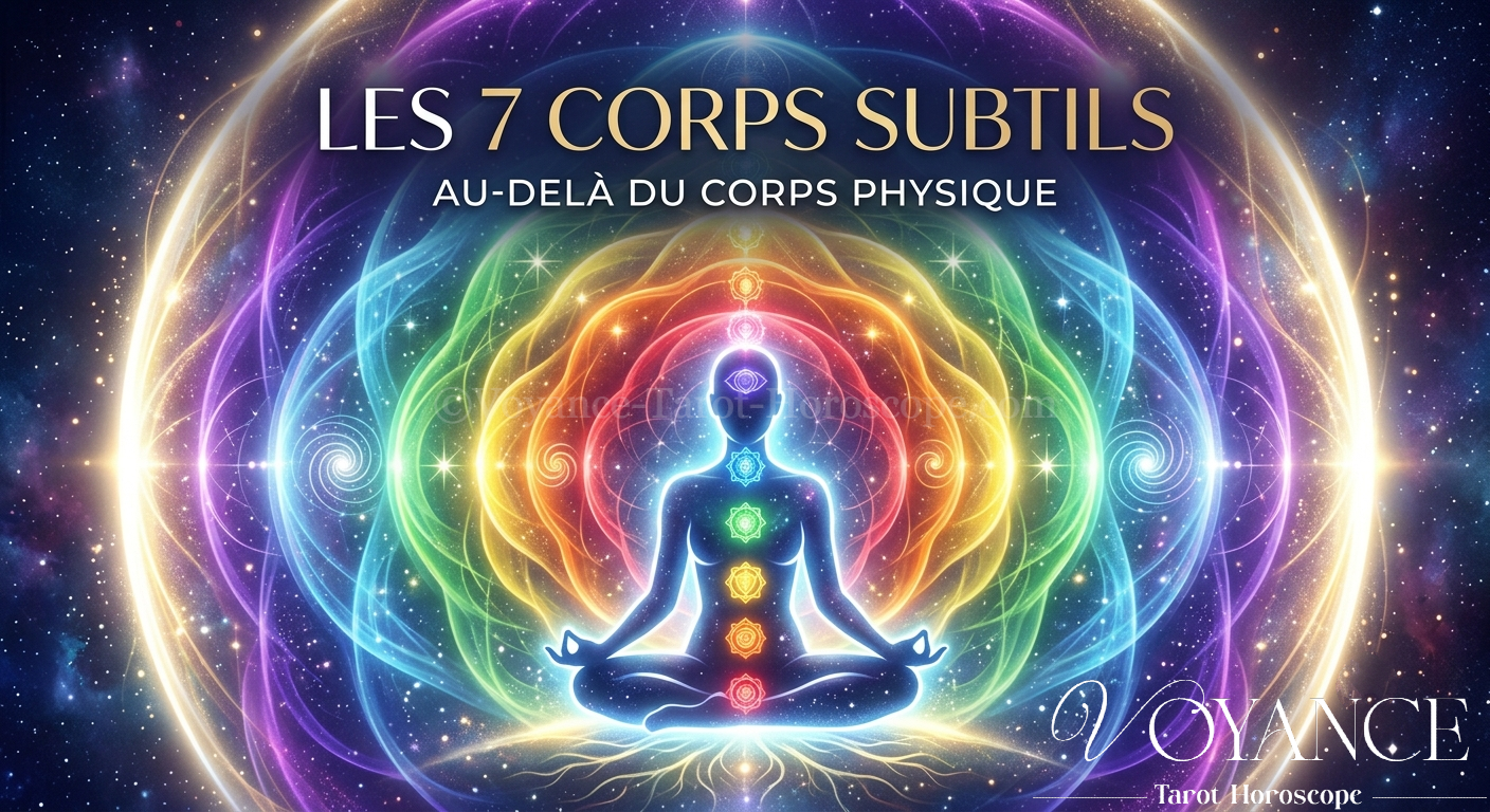 Blog de spiritualité 32 Les 7 corps subtils : au-delà du corps physique - Silhouette entourée de couches de lumière colorées concentriques