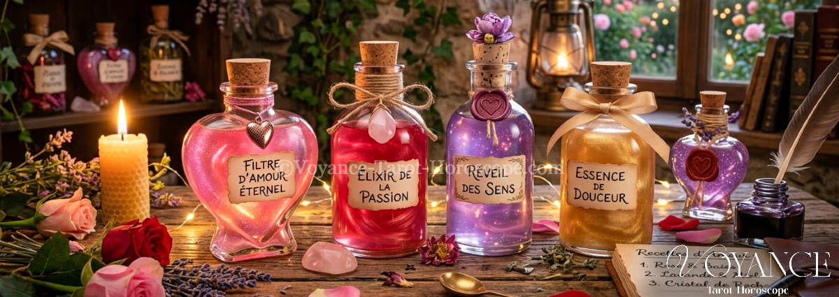 fiole de philtre d'amour ancienne et pétales de rose, symbole des potions amoureuses
