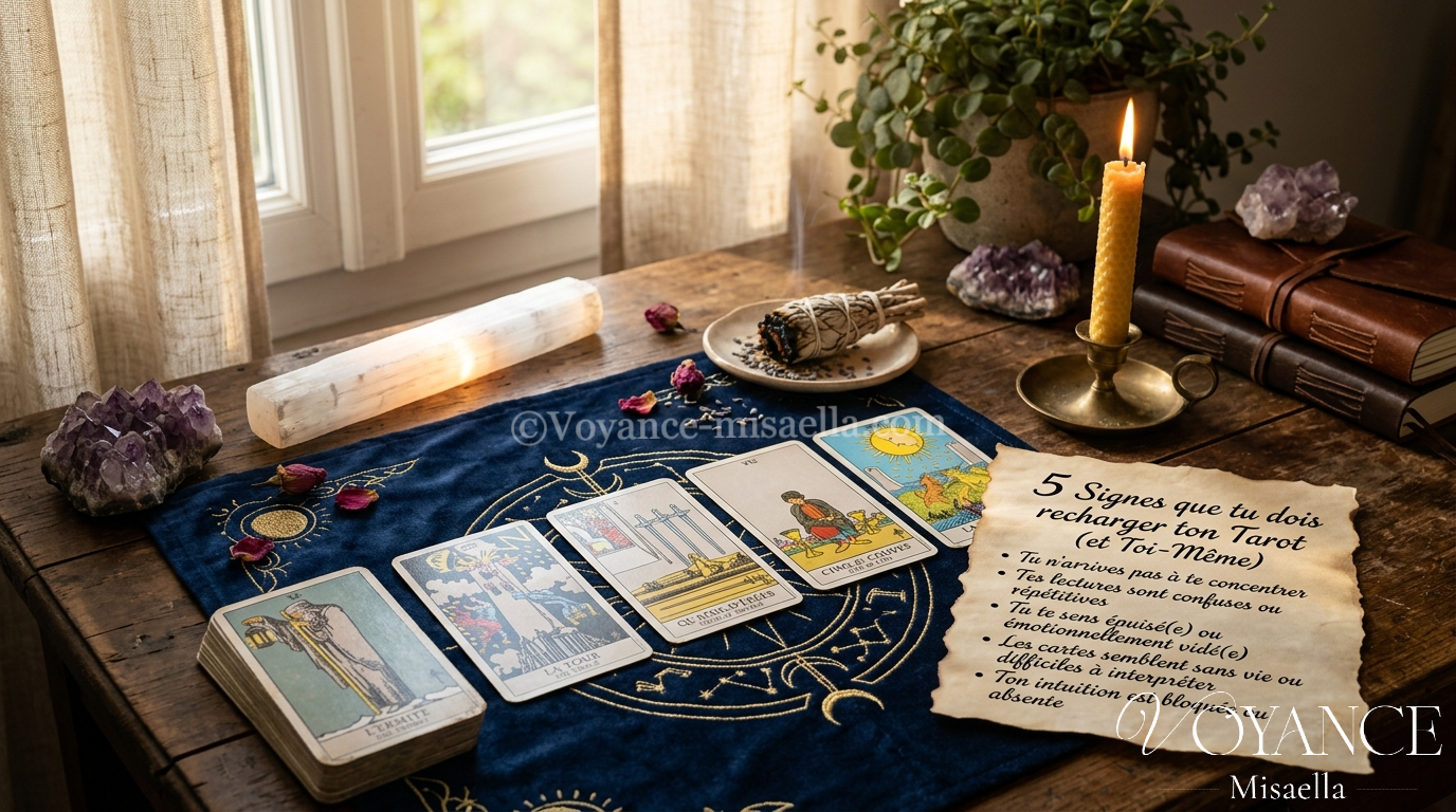 jeu de tarot en éventail avec une carte lumineuse, recharger et purifier ses cartes