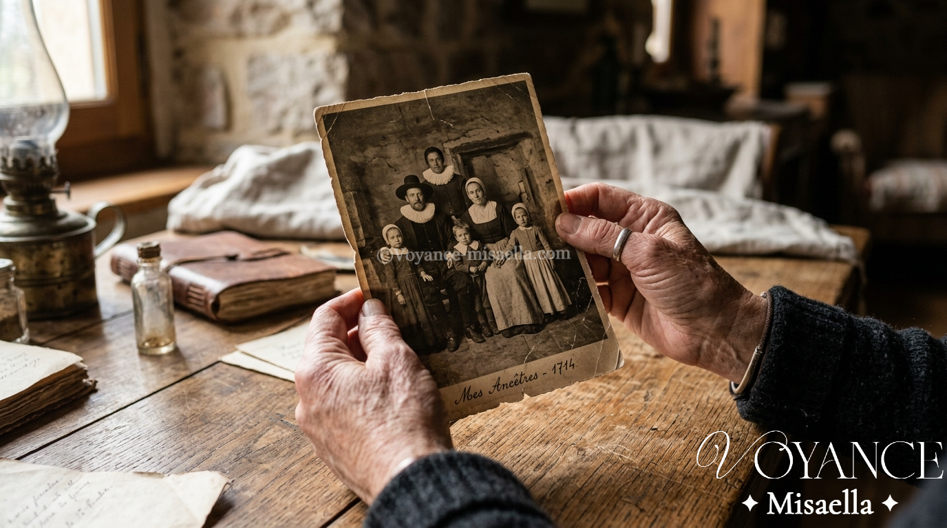 Karma familial : se libérer des poids de nos ancêtres 3 mains tenant de vieilles photographies de famille reliées par un fil rouge, lumière douce