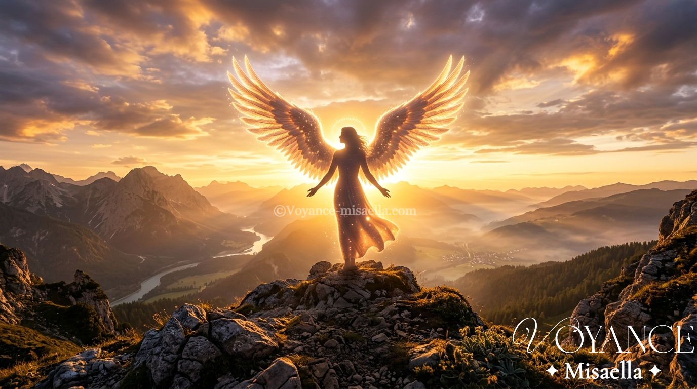 Ange gardien : son rôle, ses origines et comment lui parler 3 silhouette lumineuse d'ange aux ailes déployées dans un halo doré, symbole de l'ange gardien