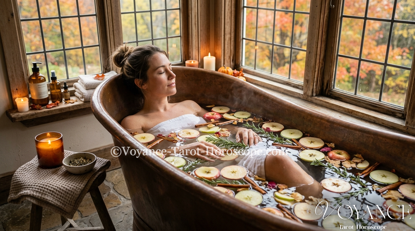 Blog de spiritualité 34 Composez votre bain rituel d'automne aux pommes, à la cannelle et au romarin : vertus de chaque plante, recette pas à pas et précautions pour un vrai soin énergétique.