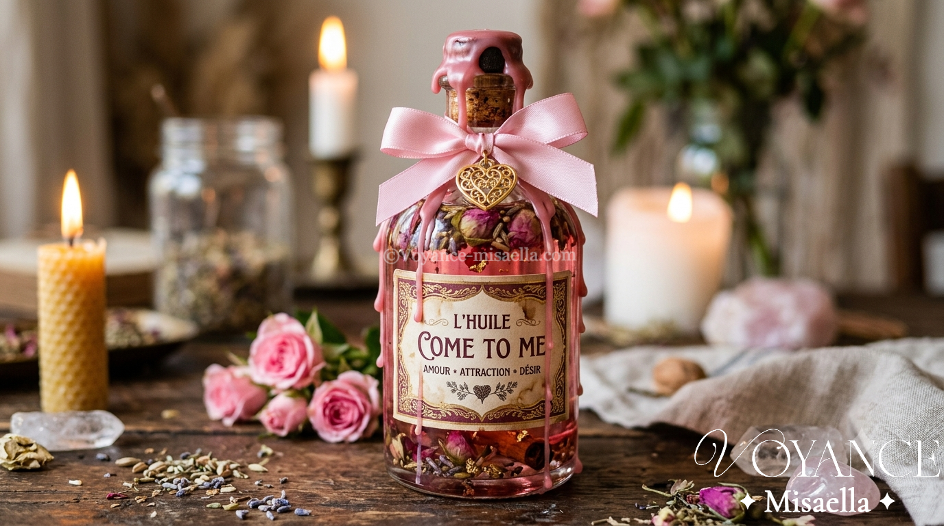 flacon d'huile Come To Me aux pétales de rose et vanille, huile d'attraction hoodoo