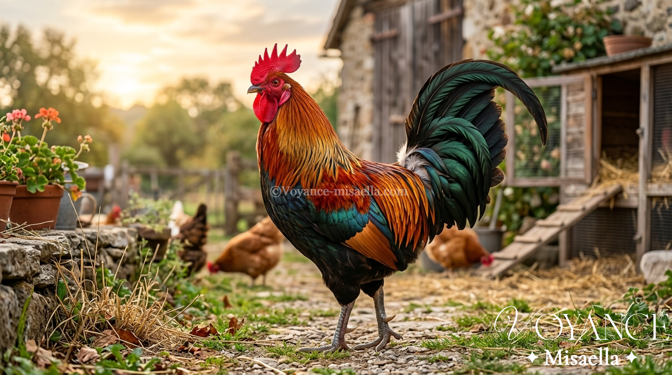 coq doré chantant sur une girouette au lever du soleil, ciel d'aube rouge et or