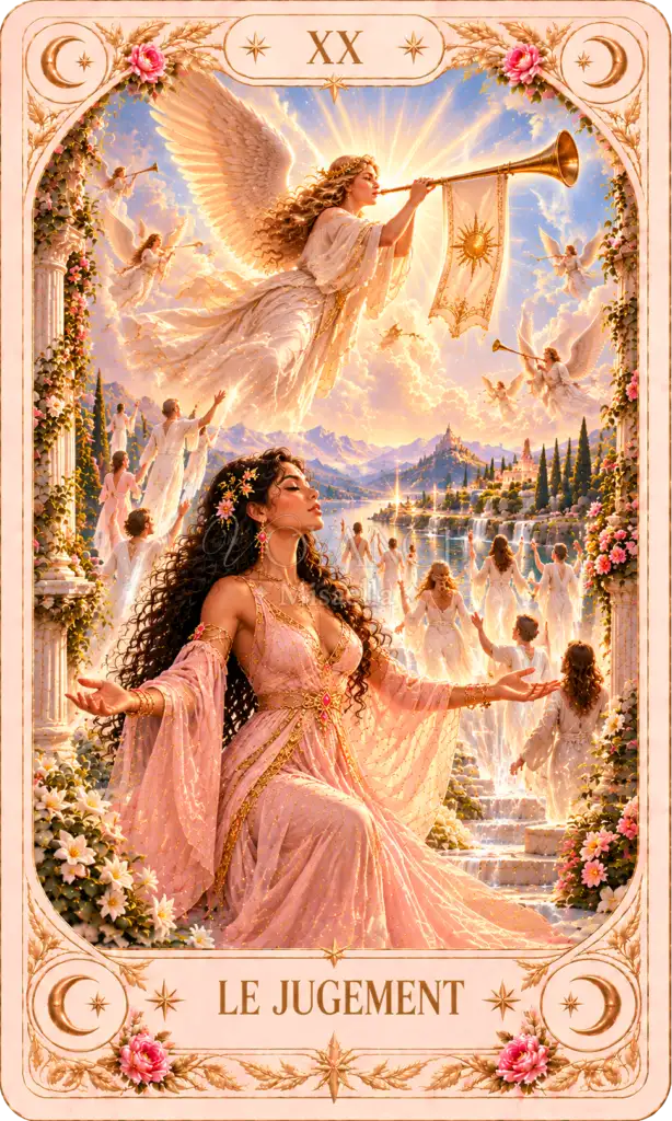 Tirage gratuit - Voyance Misaella 10 Carte Tarot Le Jugement XX Le jugement celeste aux ailes dor Tirage gratuit en ligne Voyance