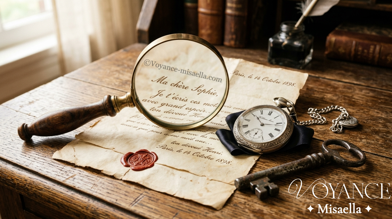 Psychométrie et objets de victimes : ce que lit le médium 3 clé ancienne, montre à gousset et lettre sous une loupe, objets utilisés en psychométrie