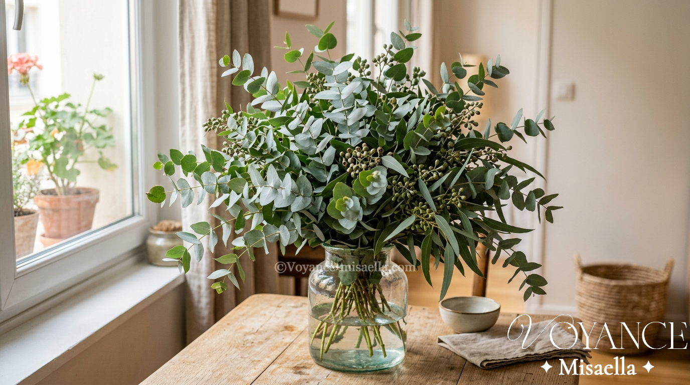 bouquet d'eucalyptus suspendu dans une douche vaporeuse, rituel de purification spirituelle