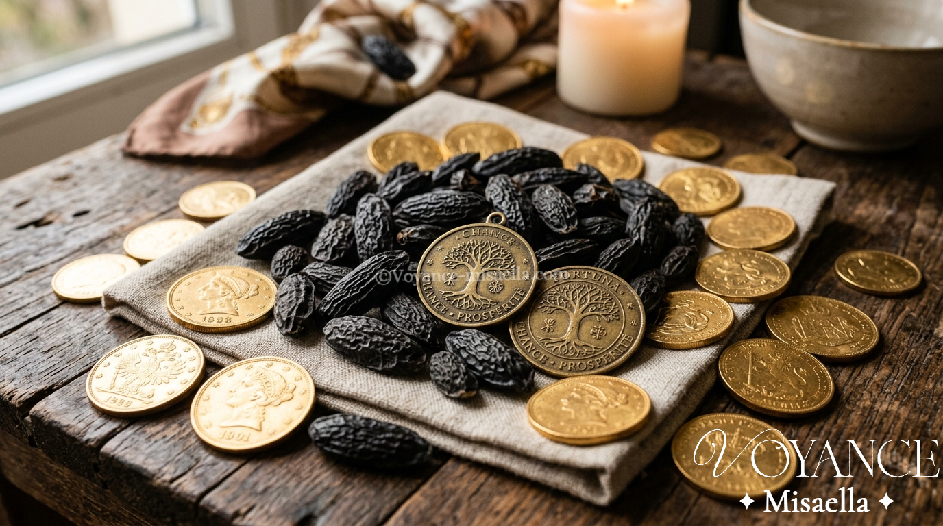 Fève tonka et chance : le talisman de prospérité du hoodoo 3 fèves tonka noires et ridées entourées de pièces dorées, talisman de chance et de prospérité en magie populaire