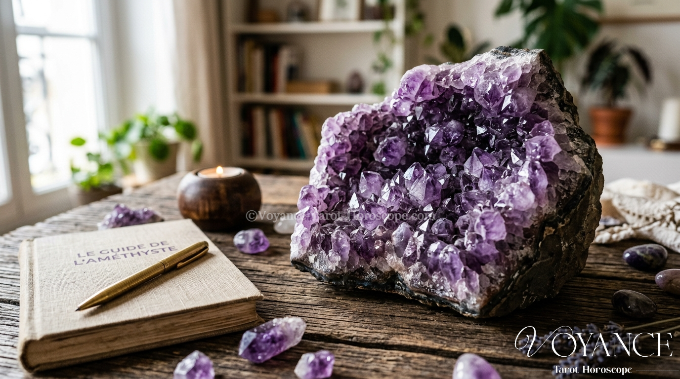 Améthyste : vertus, méditation et sommeil (guide complet) 3 géode et pointe d'améthyste violette, pierre de méditation et de sommeil