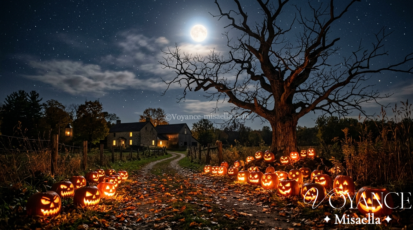 Halloween 2026 : origines, signification et rituels 3 citrouilles illuminées sous la lune près d'un arbre nu, nuit de Samhain et d'Halloween 2026
