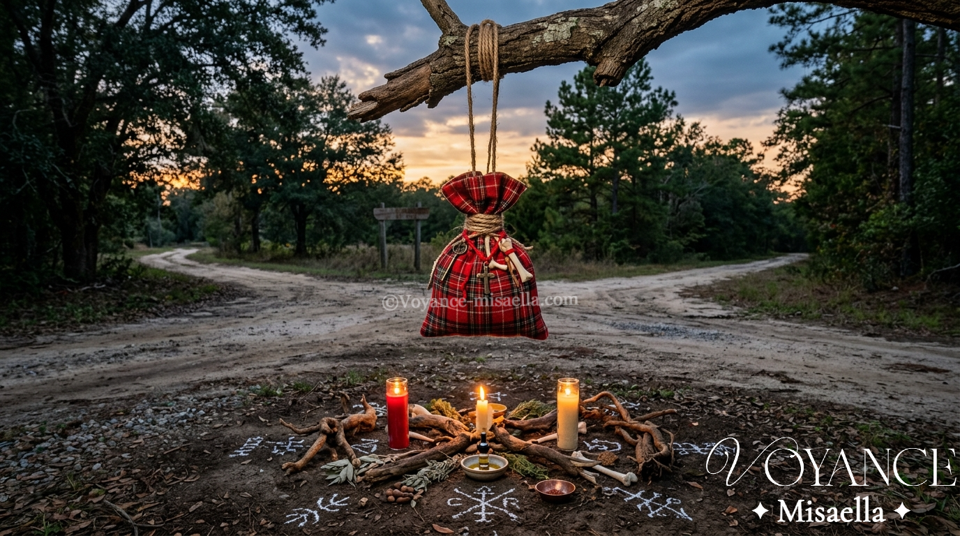 Qu'est-ce que le hoodoo ? Origines, pratiques et outils 3 mojo bag en flanelle rouge suspendu au-dessus d'un carrefour, bougies et racines, symboles du hoodoo