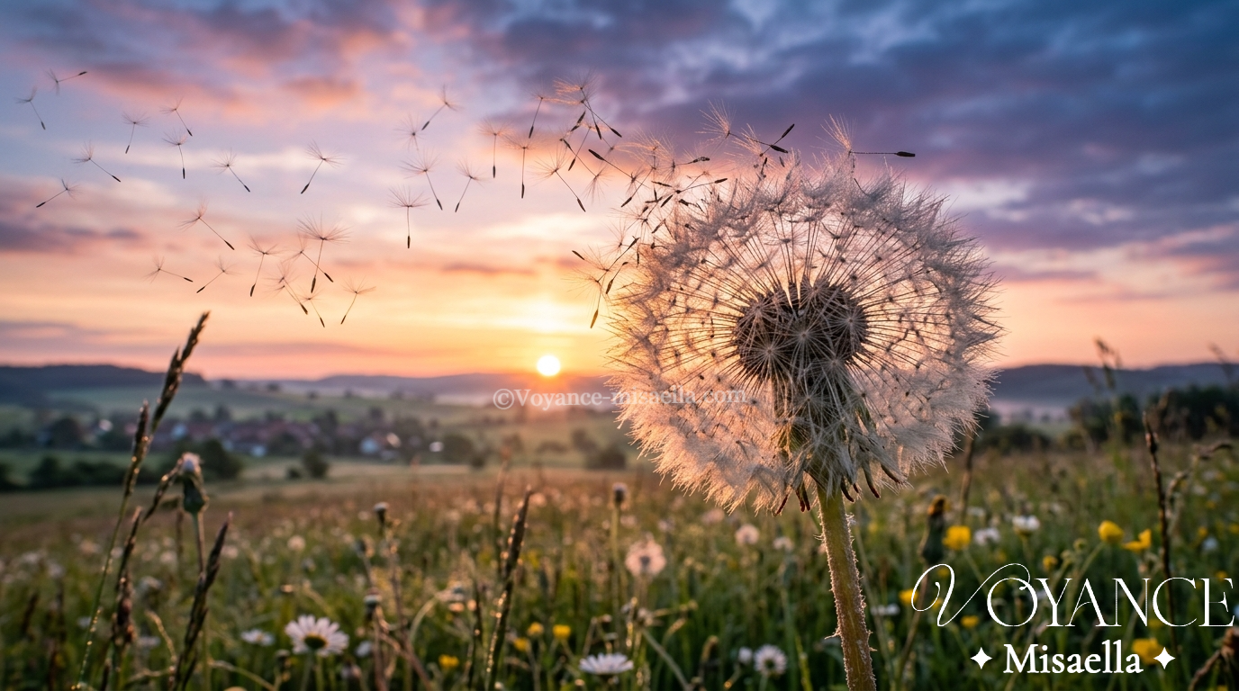Le lâcher-prise pour débloquer une situation amoureuse 3 pissenlit dont les graines s'envolent dans un ciel d'aube, symbole du lâcher-prise en amour