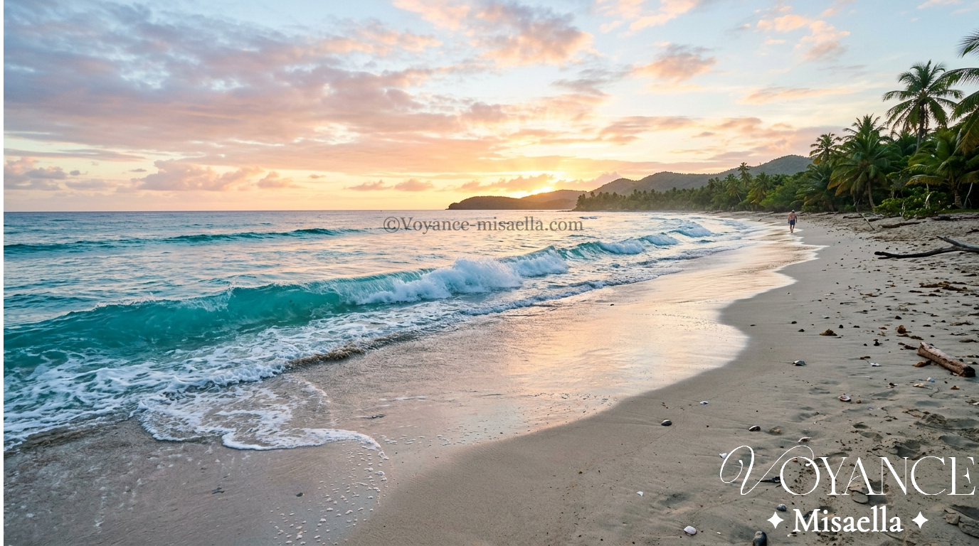 Bain de mer rituel : purification et traditions caribéennes 3 vagues turquoise à l'aube sur une plage des Caraïbes, bain de mer rituel de purification énergétique