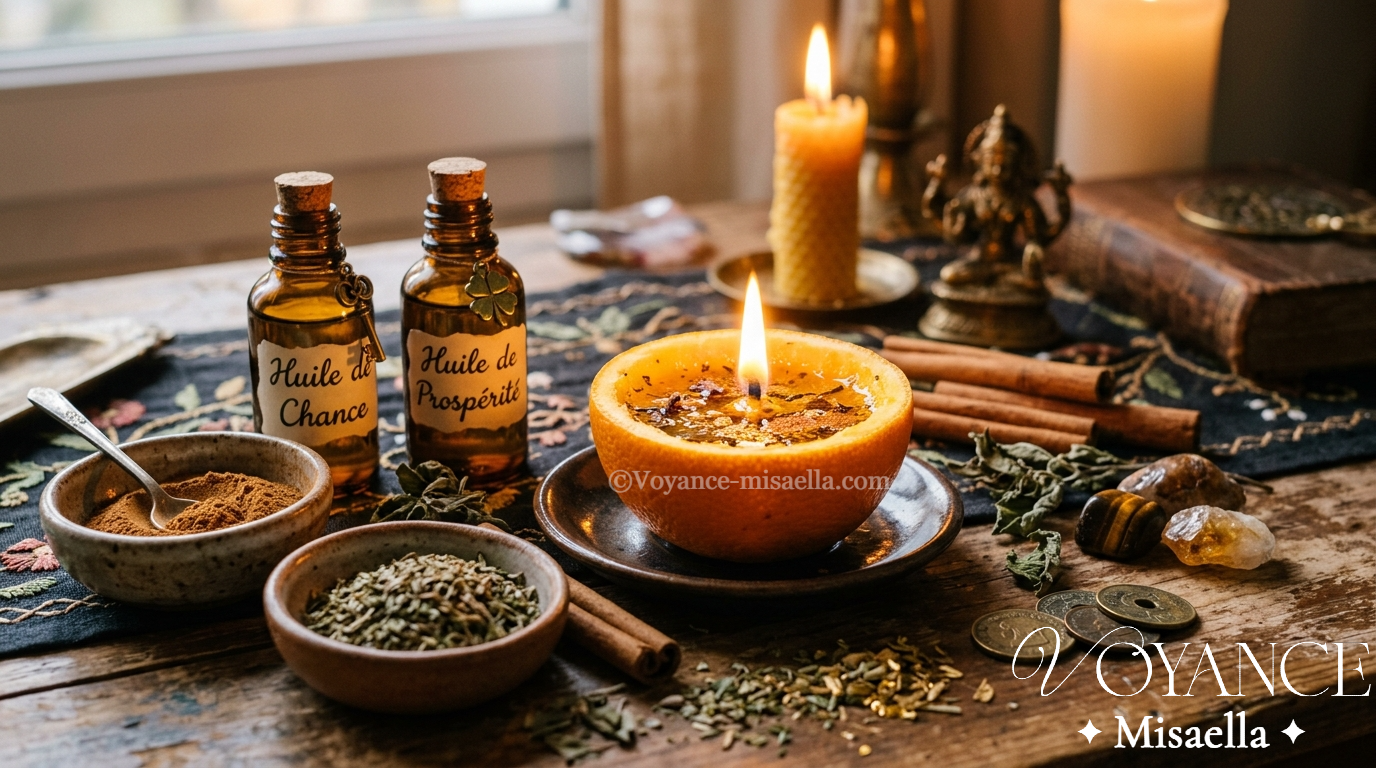 Lampe Hoodoo à l'orange : rituel de prospérité et pétition 3 lampe à huile faite dans une écorce d'orange, flamme allumée, cannelle et pièces, rituel hoodoo de prospérité