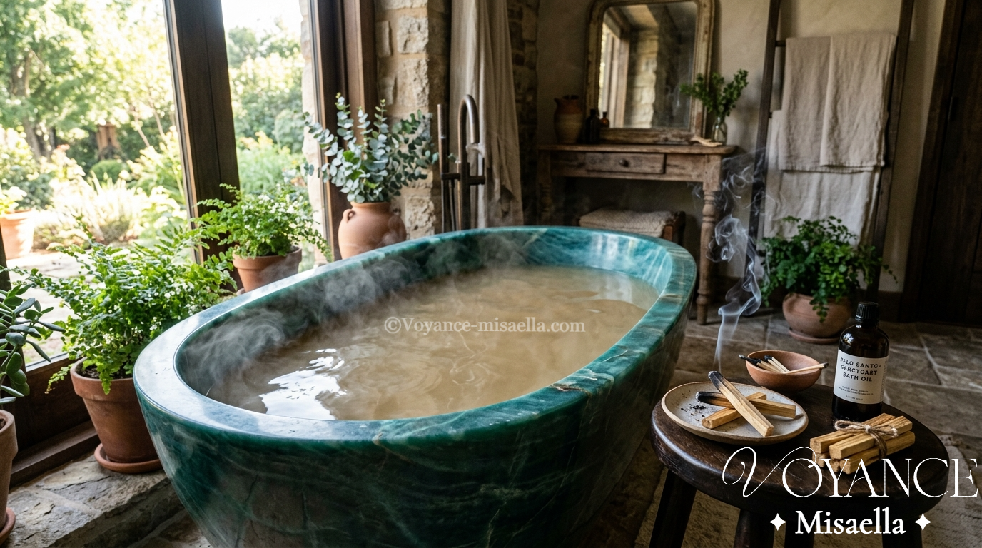Le bain au palo santo : le rituel de l'eau et du bois sacré 3 bâton de palo santo fumant au bord d'un bain, bougie et eau chaude