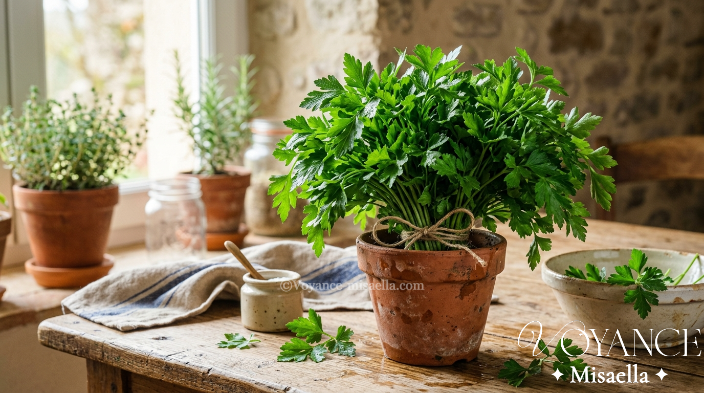 bouquet de persil frais dans un pot en terre cuite, plante de protection et de purification en magie verte