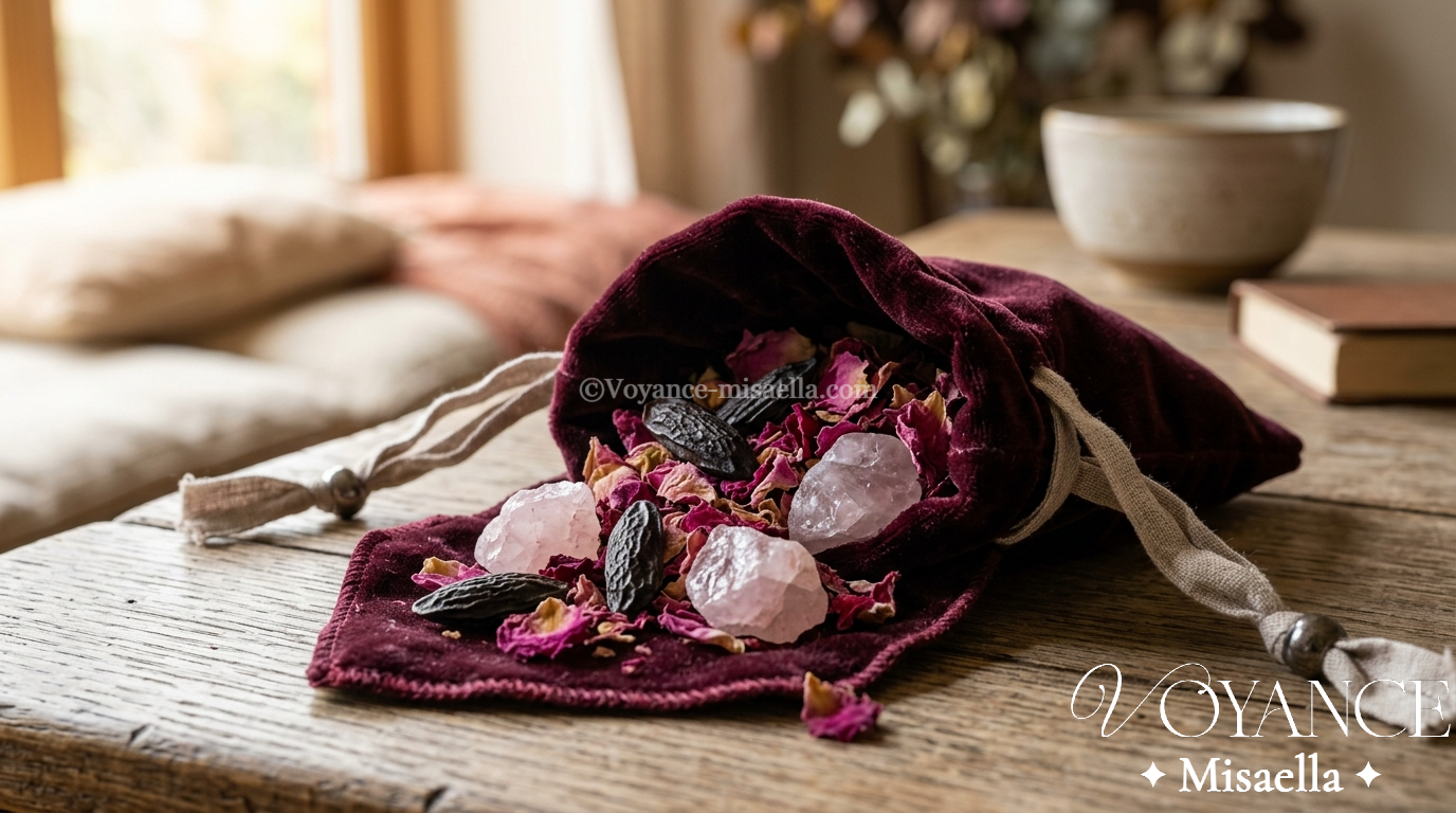 fèves tonka, pétales de rose et quartz rose dans un sachet de velours, rituel de magie d'amour