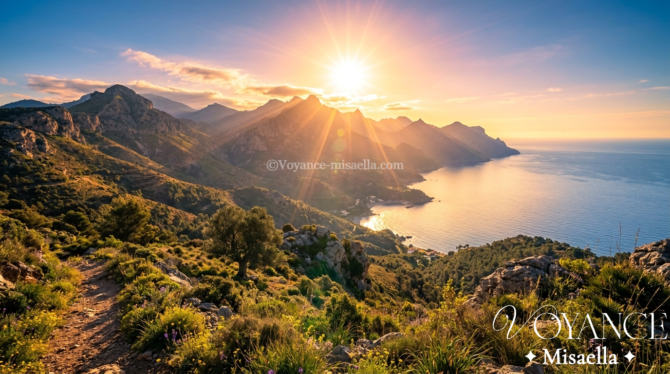 Soleil spirituel : propriétés et rituels solaires 3 lever de soleil doré sur l'horizon, rayons de lumière et mains ouvertes en geste d'accueil