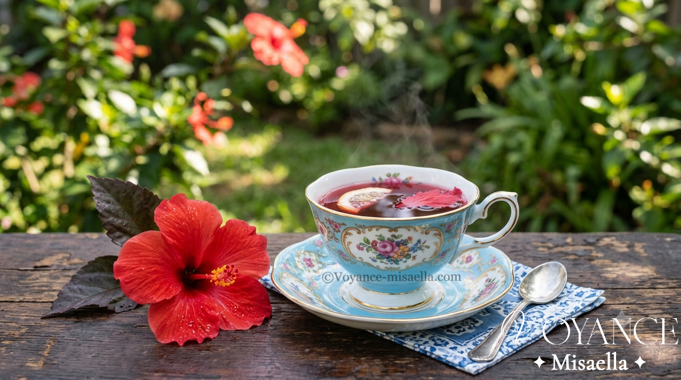 Le thé d'hibiscus : la fleur rouge qui rafraîchit le corps et apaise le cœur 3 fleur d'hibiscus rouge et tasse de thé d'hibiscus rubis fumant
