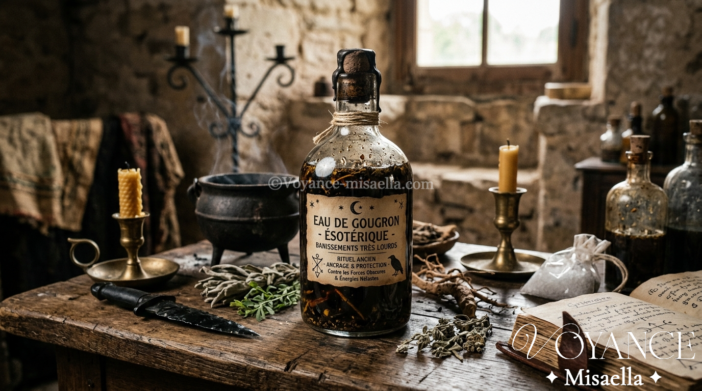 coulées de goudron de pin noir et brillant au-dessus d'un bocal d'eau ambrée, eau de goudron de bannissement en hoodoo