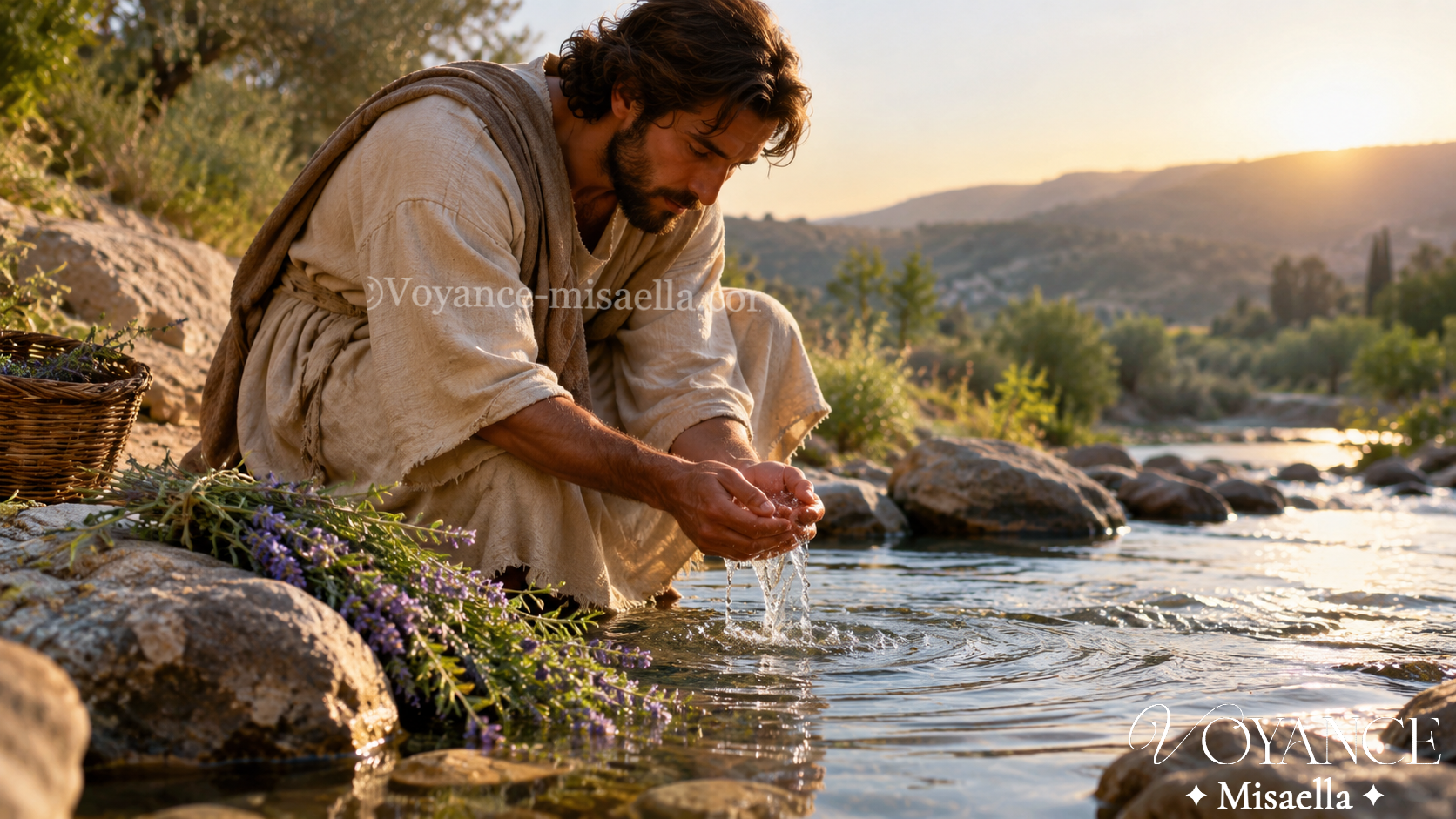 Hysope : propriétés spirituelles et bain de purification 3 brins d'hysope aux fleurs bleues au-dessus d'une eau claire, bain de purification spirituelle