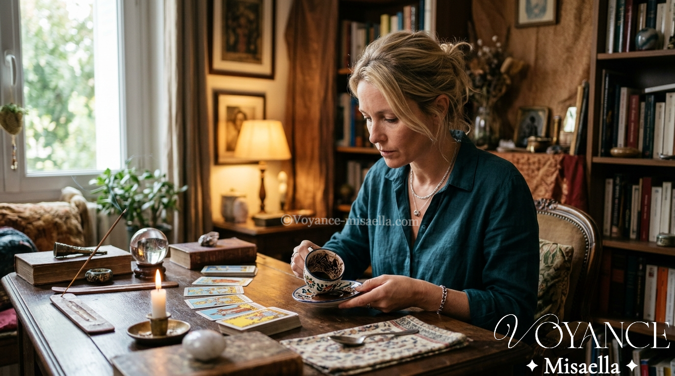 tasse de café à la turque décorée de motifs d'Iznik retournée sur sa soucoupe, lecture du marc de café