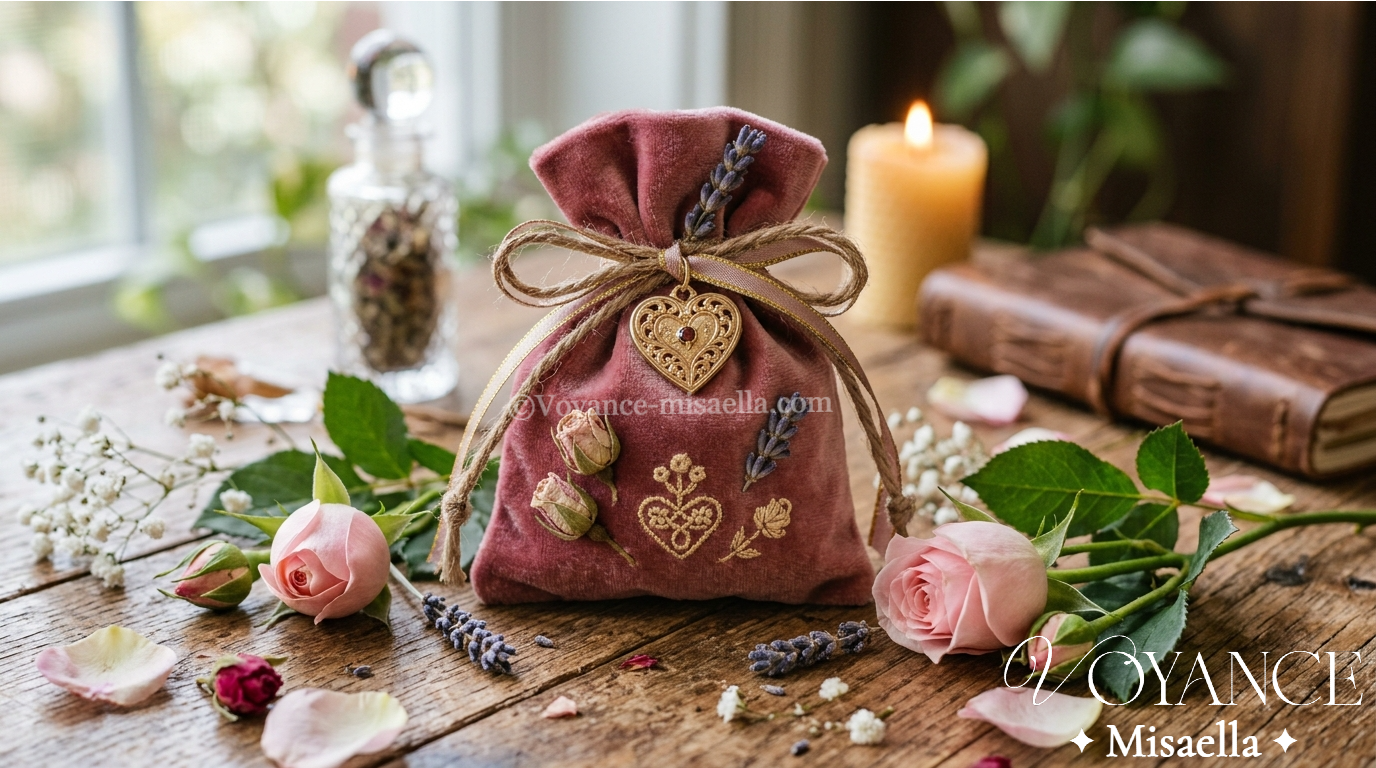 Mojo bag sentimental : origines, recettes et rituel complet 3 sachet mojo en flanelle rouge entouré de pétales de rose, de pierre d'aimant, de cannelle et d'une pétition, mojo bag sentimental hoodoo