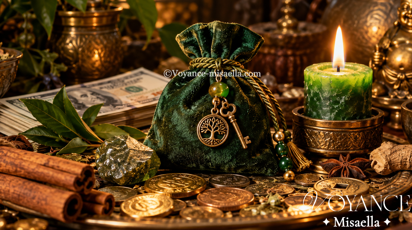 Mojo bag financier : origine, recettes et rituel complet 1 mojo bag financier en flanelle verte entouré de pièces d'or, de pyrite, de cannelle, de laurier et d'une pétition écrite, talisman de prospérité hoodoo
