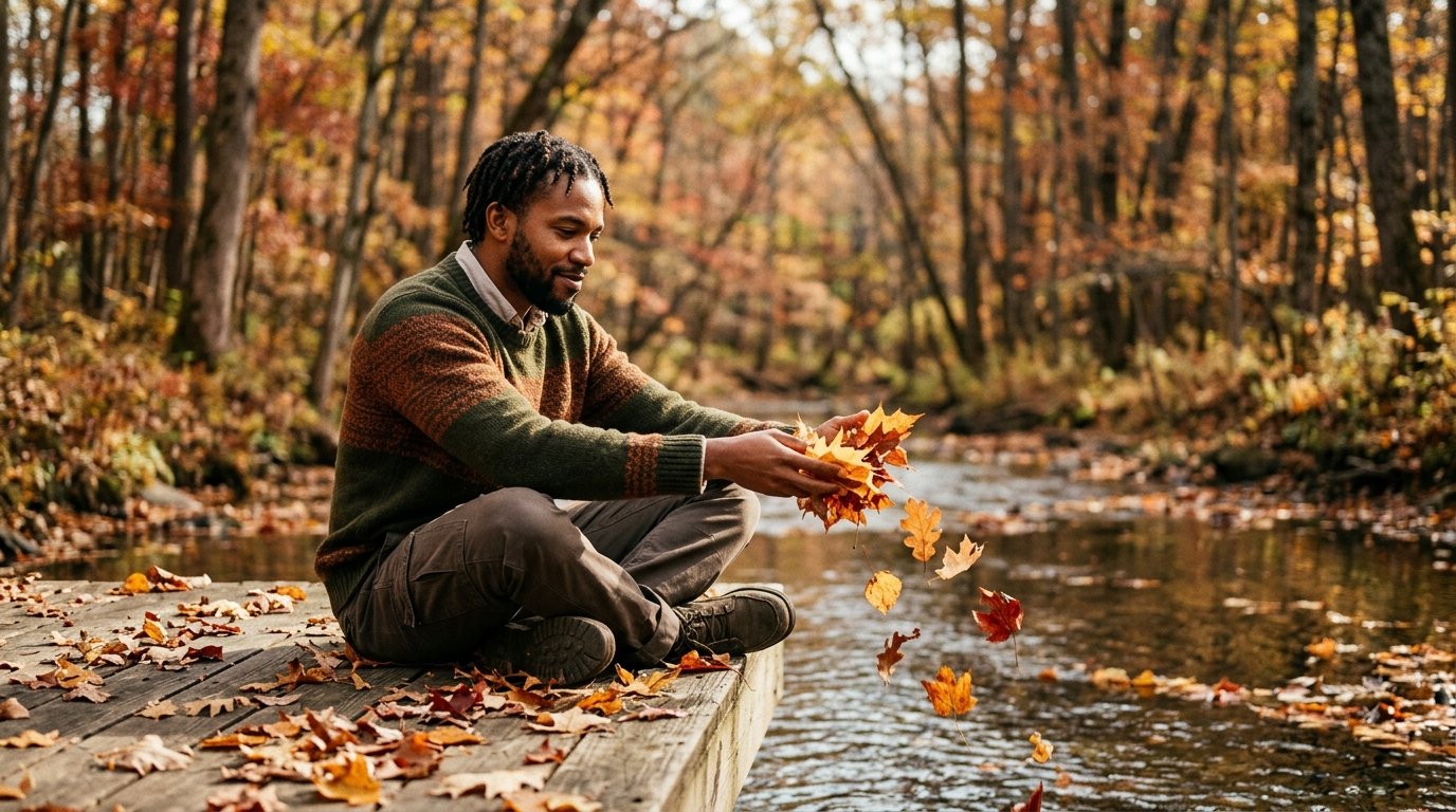 Rituel des feuilles mortes : lâcher prise cet automne 3 feuilles d'érable rouges et dorées tombant d'une branche, rituel d'automne pour lâcher prise