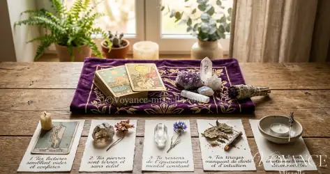 Tirages flous, cartes qui collent, fatigue après un tirage : 5 signes que ton jeu de Tarot a besoin d'être rechargé, les méthodes pour le purifier et comment te recharger toi aussi.