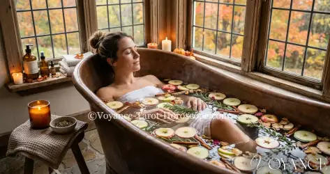 Composez votre bain rituel d'automne aux pommes, à la cannelle et au romarin : vertus de chaque plante, recette pas à pas et précautions pour un vrai soin énergétique.