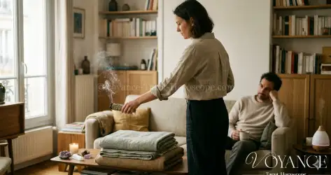 Salon calme, fenêtre ouverte, lumière douce après une tension passée