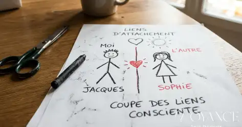 Feuille avec deux bonhommes allumettes dessinés, crayon et ciseaux posés à côté