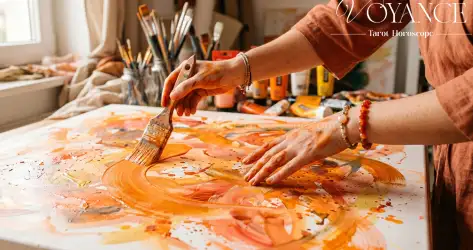 Chakra Sacré - libérer sa créativité et ses émotions - Mains qui peignent en mouvement, couleurs orangées et fluides