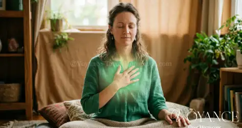 Chakra du Cœur, - guérir les blessures de trahison - Main posée sur le cœur, lumière verte douce, geste d'apaisement